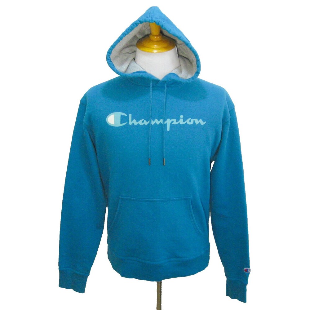 CHAMPION Mens (Size Medium) Blue Hoodie Athletic Hooded Sweatshirt Spellout Logo